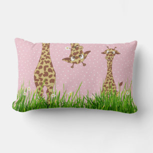 Giraffes in Grass with Daisies Lumbar Pillow