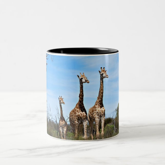 Giraffes in Open Sky View Two-Tone Coffee Mug (Center)
