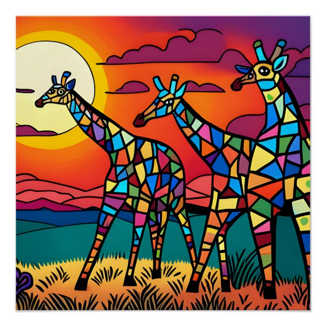 Giraffes in the Savanna Under the Evening Sun Poster (Front)