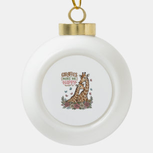 Giraffes Make Me Happy Vintage Floral Shirt Design Ceramic Ball Christmas Ornament