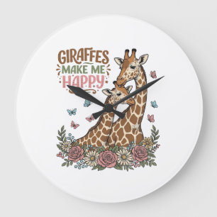 Giraffes Make Me Happy Vintage Floral Shirt Design Large Clock