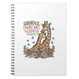 Giraffes Make Me Happy Vintage Floral Shirt Design Notebook
