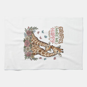 Giraffes Make Me Happy Vintage Floral Shirt Design Tea Towel