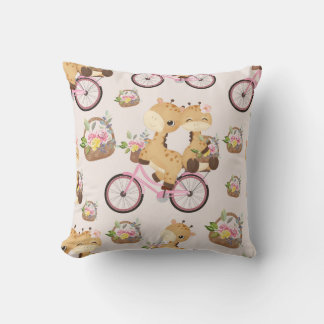 Giraffes on Bicycles with Floral Baskets Cushion