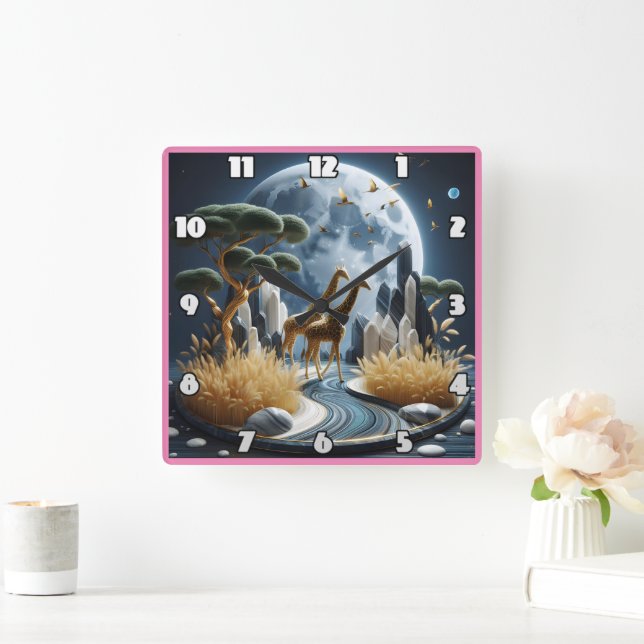 Giraffes roam a magical African night Square Wall Clock (Home)