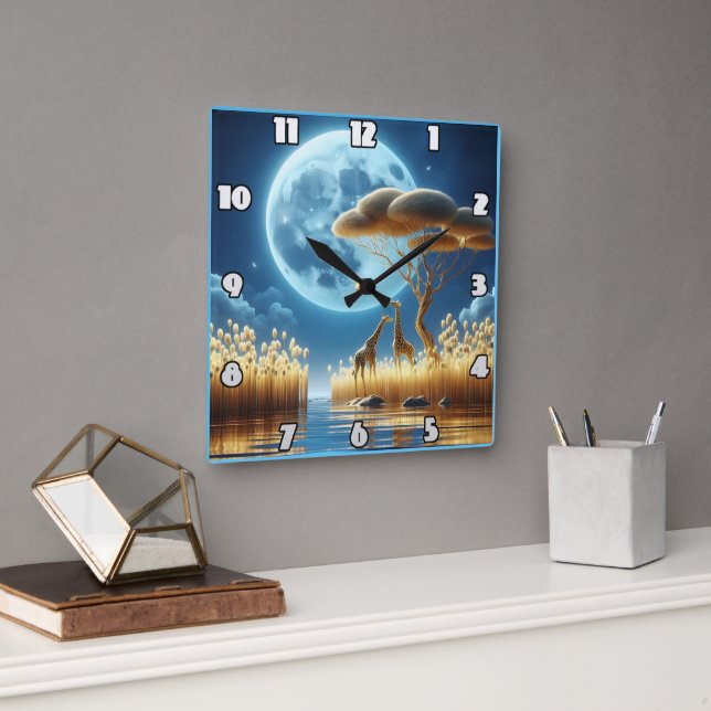 Giraffes roam under a moonlit sky square wall clock (Office)