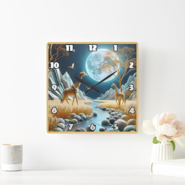 Giraffes roam under the moon in Africa Square Wall Clock (Home)