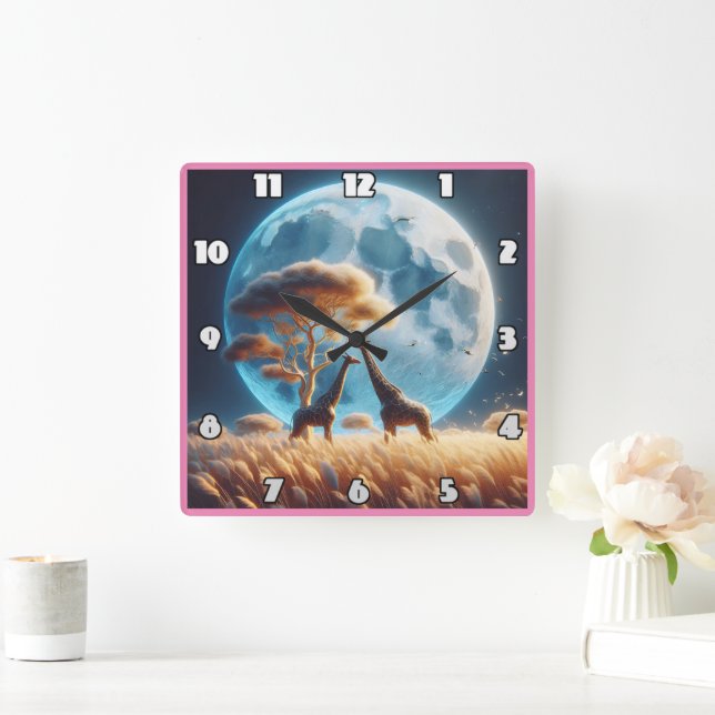 Giraffes under a full moon in Africa Square Wall Clock (Home)