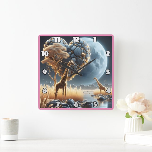 Giraffes under a moonlit sky in Africa’s savannah Square Wall Clock (Home)