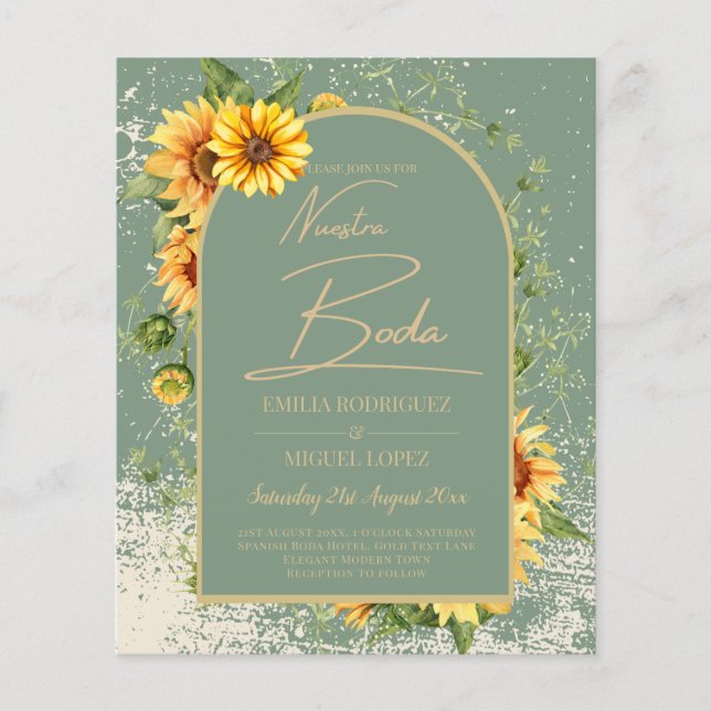 Girasoles Bilingües Boda Rústica en Verde Salvia Flyer (Front)