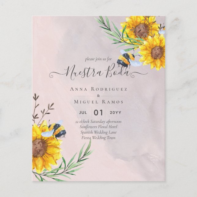 Girasoles de Invitación de Boda Económica Bilingüe (Front)
