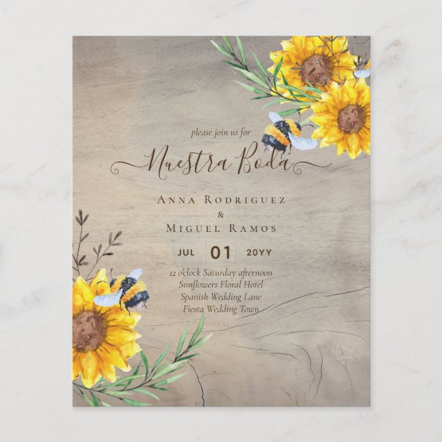 Girasoles de Invitación de Boda Económica Bilingüe (Front)