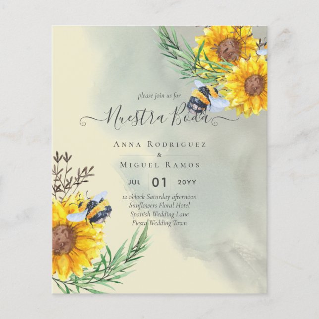 Girasoles de Invitación de Boda Económica Bilingüe (Front)
