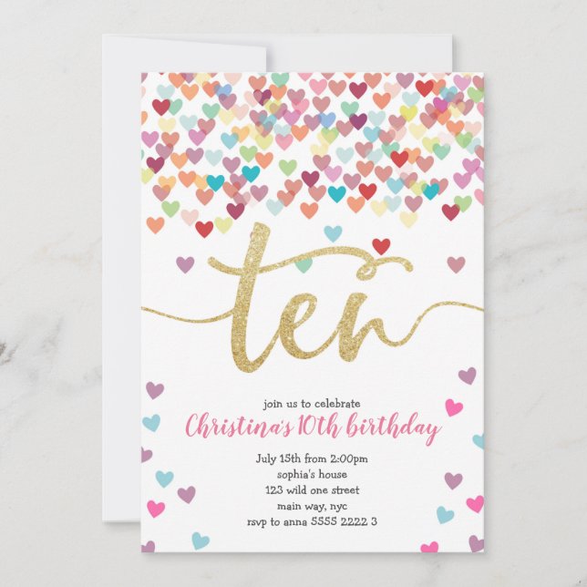Girl 10th Birthday Hearts Confetti Rainbow Glitter Invitation (Front)