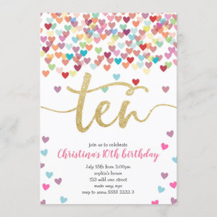 Girl 10th Birthday Hearts Confetti Rainbow Glitter Invitation