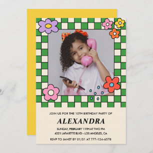Girl 10th birthday invitation Retro Groovy Flowers