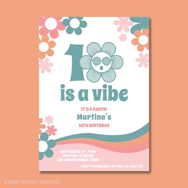 Girl 10th Birthday Party Invitation (10th birthday party invitation for Girl with "10 is a vibe". Cool flower daisy and retro vibes.)