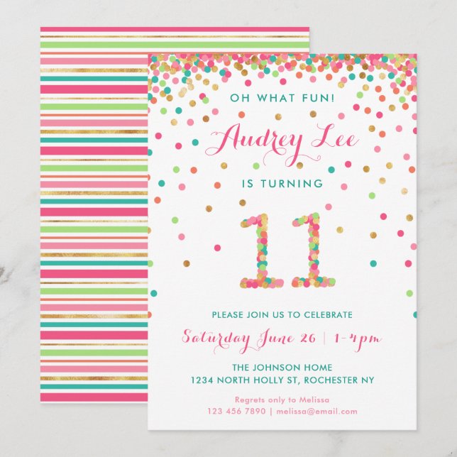 Girl 11th Birthday Invitation eleventh birthday (Front/Back)