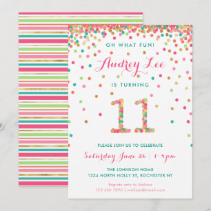 Girl 11th Birthday Invitation eleventh birthday