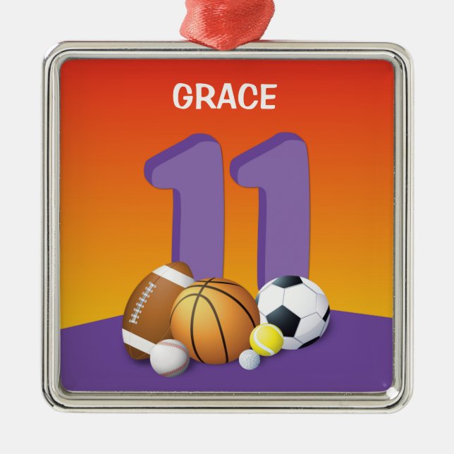 Girl 11th Birthday Sports Balls Metal Tree Decoration (Front)