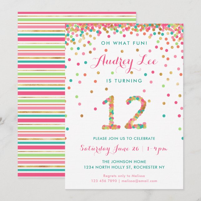 Girl 12th Birthday Invitation twelfth birthday (Front/Back)