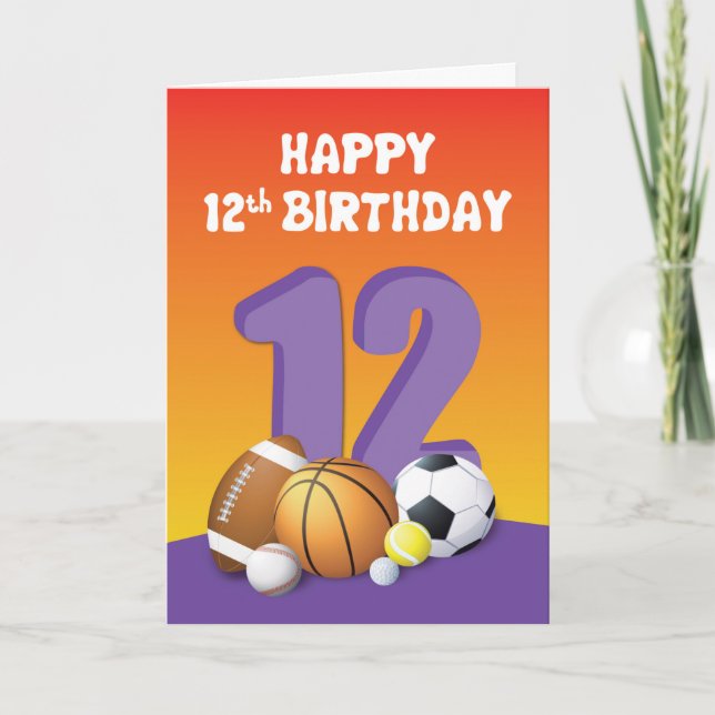 Girl 12th Birthday Sports Balls Card (Front)