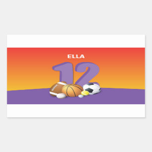 Girl 12th Birthday Sports Balls Rectangular Sticker