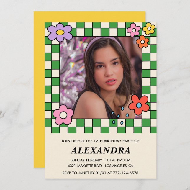 Girl 13th birthday invitation Retro Groovy Flowers (Front/Back)