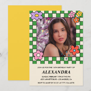 Girl 14th birthday invitation Retro Groovy Flowers