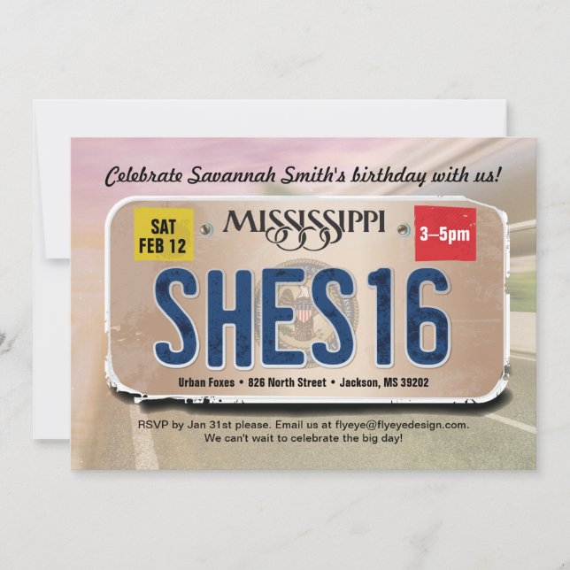 Girl 16th Birthday Mississippi License Invitation (Front)