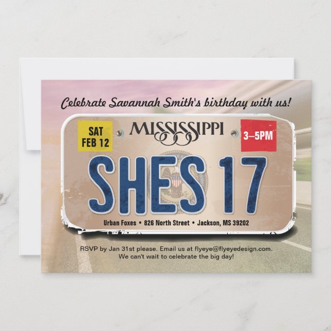 Girl 17th Birthday Mississippi License Invitation (Front)
