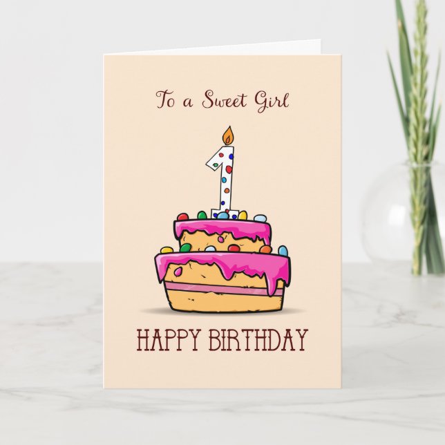 Girl 1st Birthday, 1 on Sweet Pink Cake Card (Front)