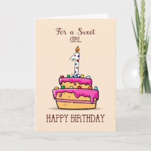 Girl 1st Birthday, 1 on Sweet Pink Cake Card