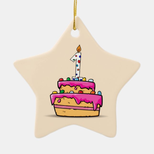 Girl 1st Birthday, 1 on Sweet Pink Cake Ceramic Tree Decoration (Front)