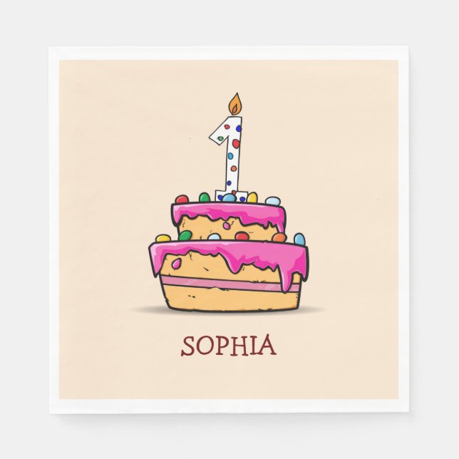 Girl 1st Birthday, 1 on Sweet Pink Cake Napkin (Front)