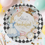 Girl 1st birthday, Alice Onederland, Tea party  Paper Plate<br><div class="desc">This delightful "Alice Onederland" paper plate is a charming addition to any girl's first birthday celebration. Featuring a whimsical Alice in Wonderland theme, the plate is adorned with iconic elements from the beloved story, set against a soft pink background. Delicate mint accents throughout the design add a refreshing touch, perfectly...</div>