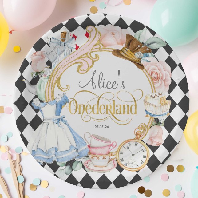 Girl 1st birthday, Alice Onederland, Tea party  Paper Plate (Alice Onederland, girl 1st birthday, Mad hatter tea party birthday paper plate.)