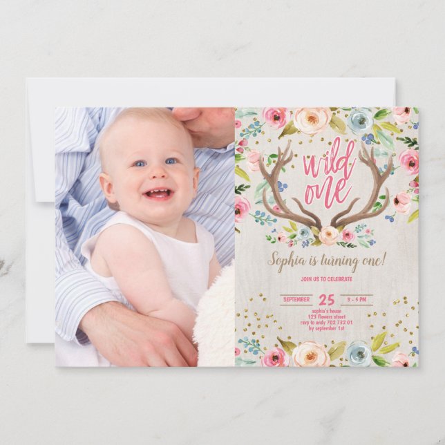 Girl 1st Birthday Antlers Rustic Wild One Photo Invitation (Front)