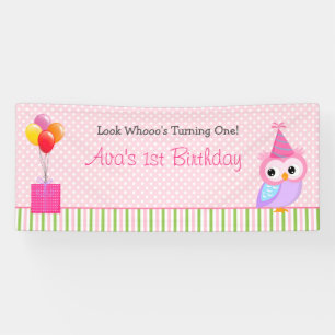 Girl 1st Birthday Backdrop Banner (Owl Pink Green)