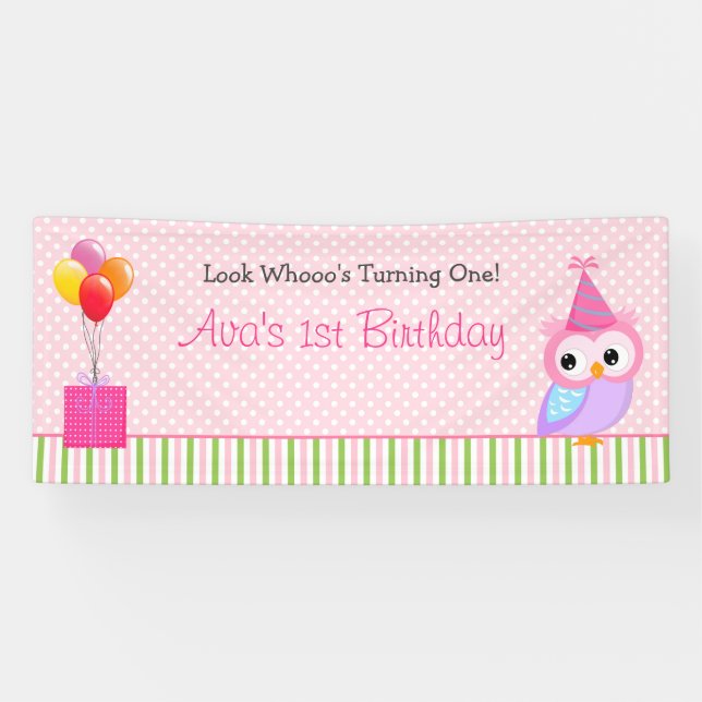 Girl 1st Birthday Backdrop Banner (Owl Pink Green) (Horizontal)