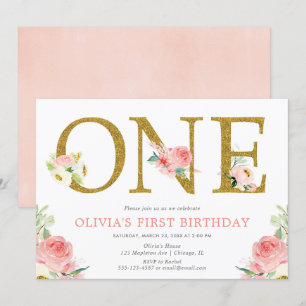 Girl 1st birthday blush pink and gold floral invitation