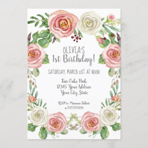 Girl 1st Birthday Blush Pink White Rose Floral Invitation