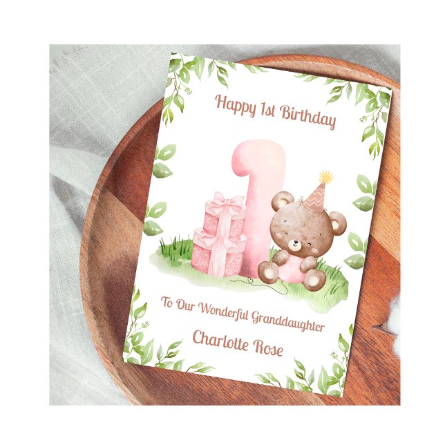 Girl 1st Birthday Greenery Teddy Bear Card (Creator Uploaded)