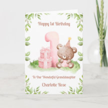 Girl 1st Birthday Greenery Teddy Bear Card