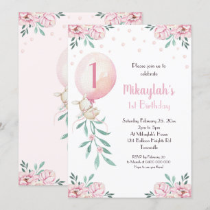 Girl 1st Birthday Invitation Balloons Bunny Party