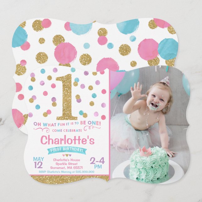 Girl 1st Birthday Invitation Pink & Gold Confetti (Front/Back)