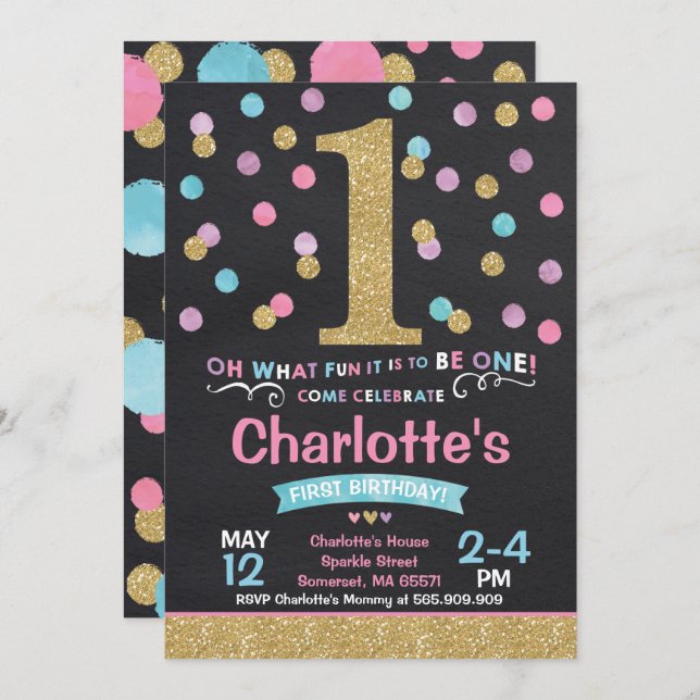 Girl 1st Birthday Invitation Pink & Gold Confetti (Front/Back)