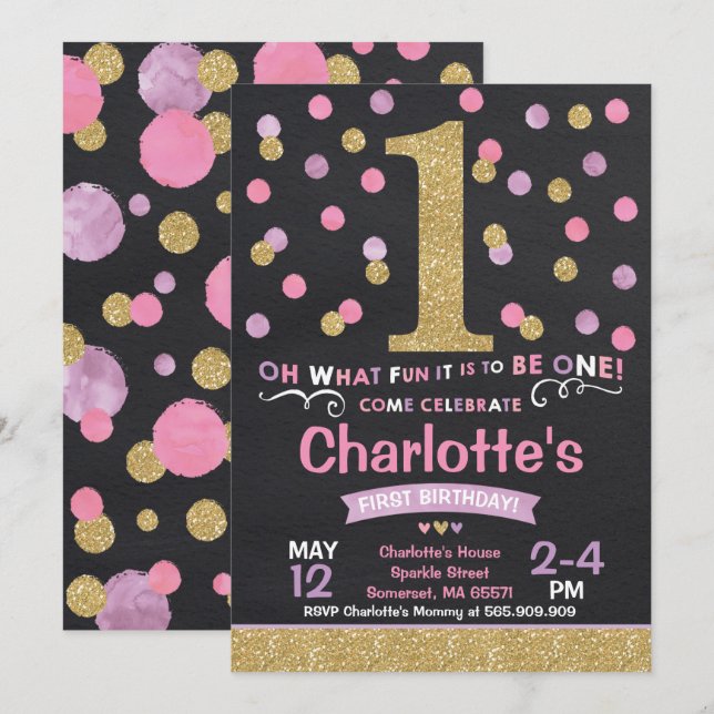 Girl 1st Birthday Invitation Pink & Gold Confetti (Front/Back)