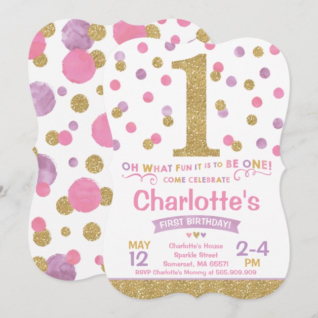 Girl 1st Birthday Invitation Pink & Gold Confetti (Front/Back)