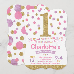 Girl 1st Birthday Invitation Pink & Gold Confetti
